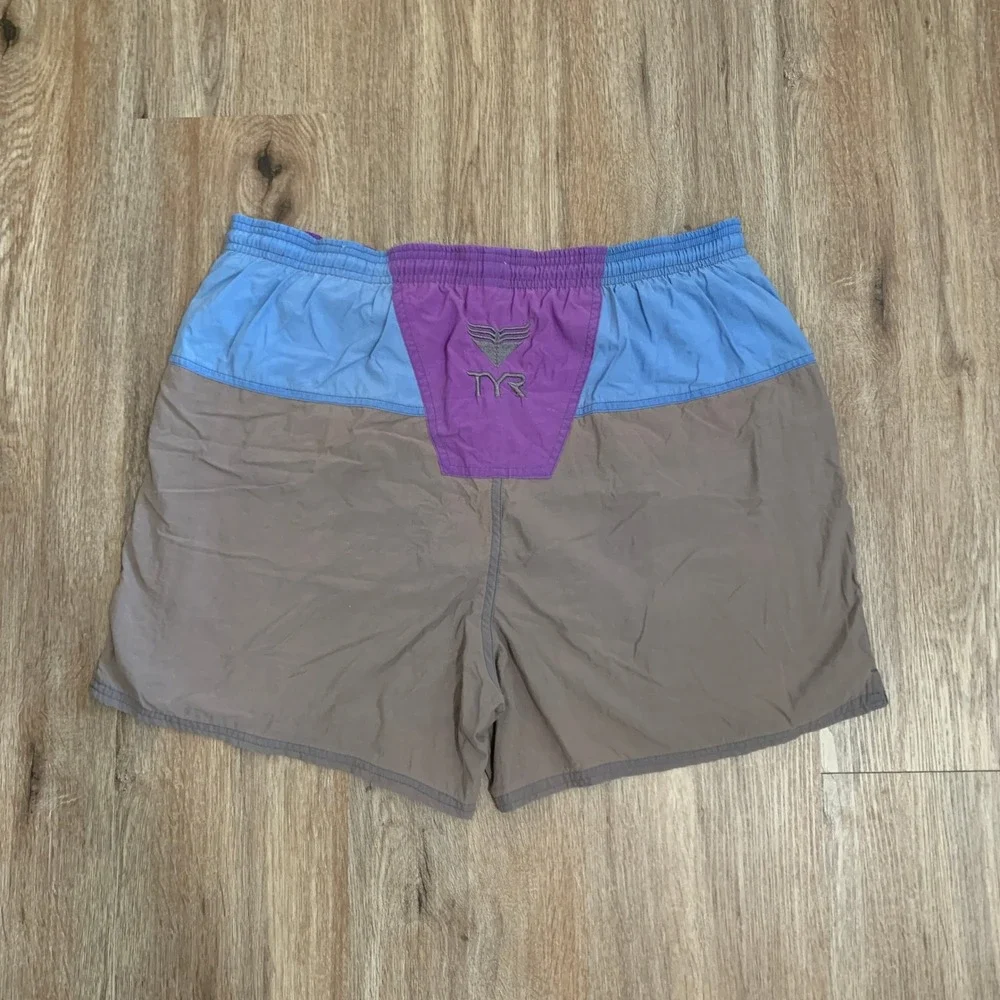 Vintage‎ 90s TYR color-block swim shorts in blue purple gray - size small mens